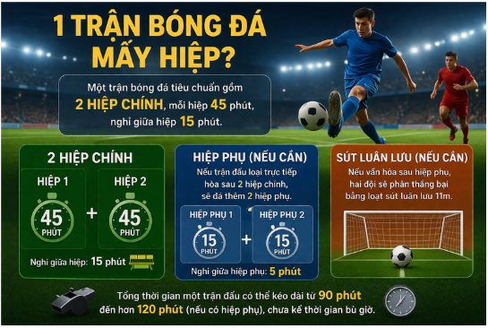 1 trận bóng đá cso 2 hiệp thi đấu chính thức, mỗi hiệp kéo dài 45 phút